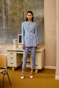 Wool Double-Breasted Suit Set with Pants and Customized Fancy Scarf for Women