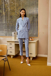 Wool Double-Breasted Suit Set with Pants and Customized Fancy Scarf for Women