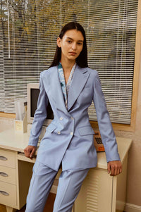 Wool Double-Breasted Suit Set with Pants and Customized Fancy Scarf for Women