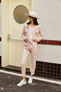 Pink Linen Crop Suit with Knot Pants for Women