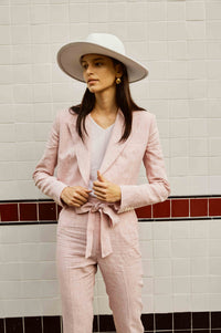 Pink Linen Crop Suit with Knot Pants for Women