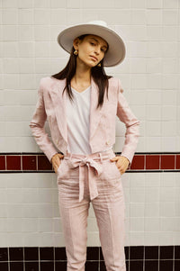 Pink Linen Crop Suit with Knot Pants for Women
