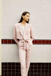 Pink Linen Crop Suit with Knot Pants for Women