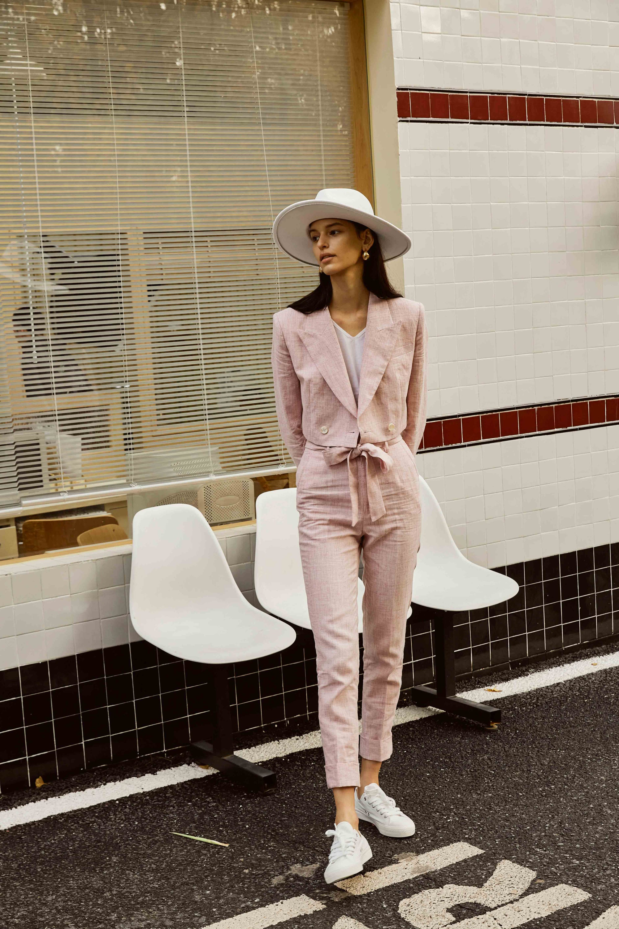 Pink Linen Crop Suit with Knot Pants for Women