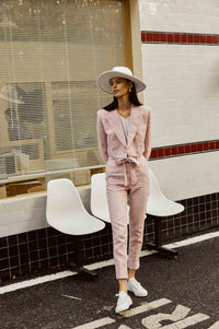 Pink Linen Crop Suit with Knot Pants for Women
